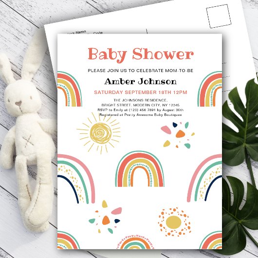 ブルーグリーンイエローレインボーカワイガールベビーシャワー インビテーションポストカード