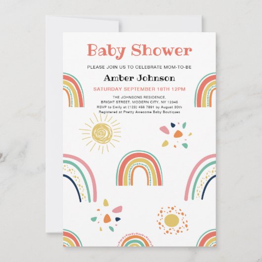 ブルーグリーンイエローレインボーカワイガールベビーシャワー 招待状 (正面)
