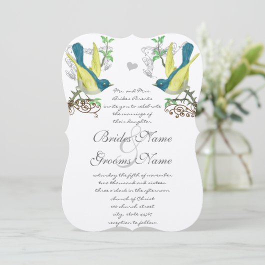 ブルーグリーンイエローヴィンテージ鳥結婚式招待状 招待状 (スタンド正面)