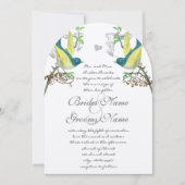 ブルーグリーンイエローヴィンテージ鳥結婚式招待状 招待状 (正面)