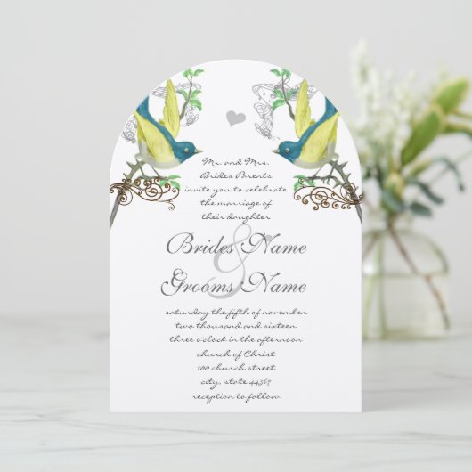 ブルーグリーンイエローヴィンテージ鳥結婚式招待状 招待状 (スタンド正面)