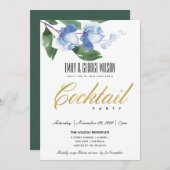 ブルーグリーンインク水カラーフローラカクテルパーティー 招待状 (正面/裏面)