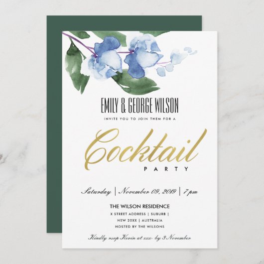 ブルーグリーンインク水カラーフローラカクテルパーティー 招待状 (正面/裏面)