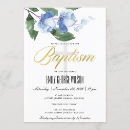 ブルーグリーンインク洗浄水色フローラ洗礼 招待状