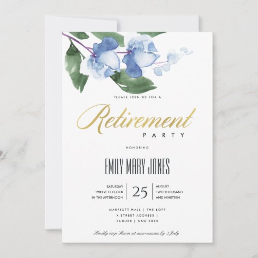 ブルーグリーンインク洗浄水色フローラ退職 招待状 (正面)
