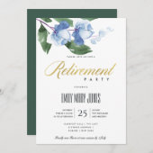 ブルーグリーンインク洗浄水色フローラ退職 招待状 (正面/裏面)