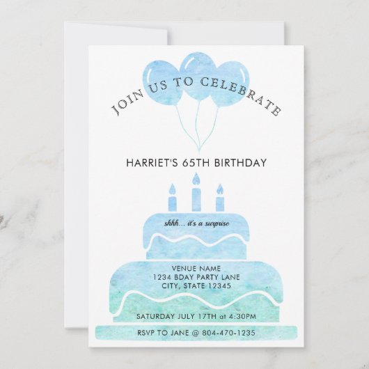 ブルーグリーンウォーターカラーケーキバルーン65誕生日 招待状 (正面)