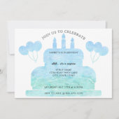 ブルーグリーンウォーターカラーケーキバルーン65誕生日 招待状 (正面)