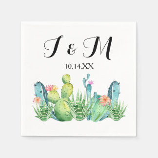 ブルーグリーンウォーターカラーサボテンパーティーナプキン スタンダードカクテルナプキン