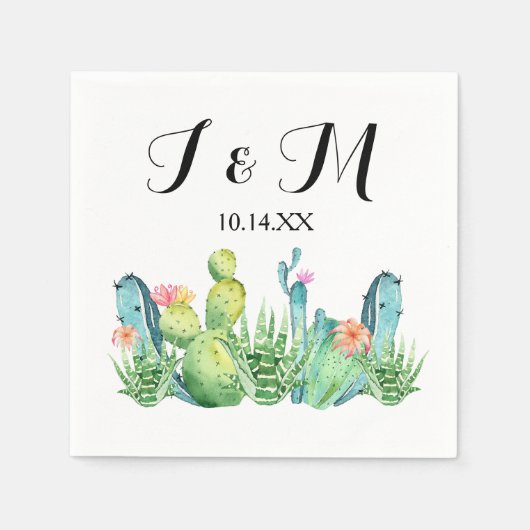 ブルーグリーンウォーターカラーサボテンパーティーナプキン スタンダードカクテルナプキン (正面)