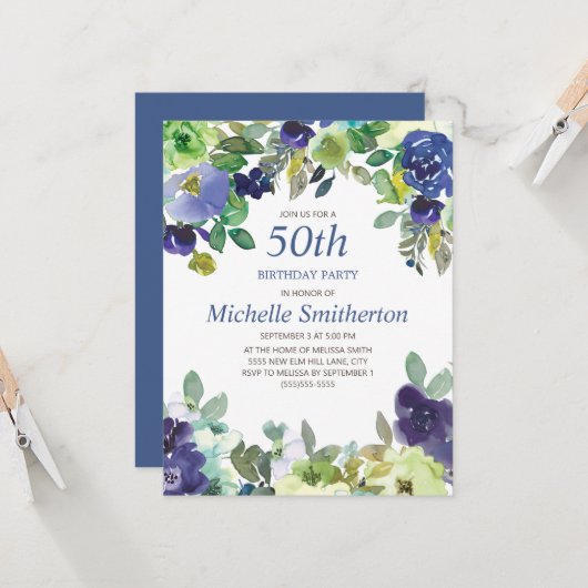 ブルーグリーンウォーターカラーフラワーズ50誕生日 カード (正面/裏面インサイチュ)