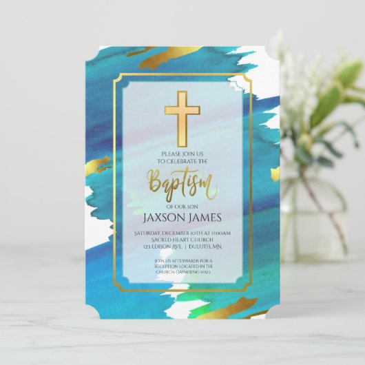 ブルーグリーンウォーターカラーボーイバプテスマ招待状 招待状 (スタンド正面)