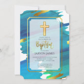 ブルーグリーンウォーターカラーボーイバプテスマ招待状 招待状 (正面)