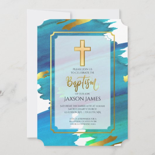 ブルーグリーンウォーターカラーボーイバプテスマ招待状 招待状 (正面)