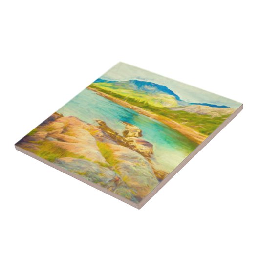 ブルーグリーンウォーターカラーマウンテンレイク絵画ズ タイル (側面)