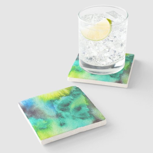 ブルーグリーンウォーターカラー大理石抽象芸術絞り染め ストーンコースター (横)