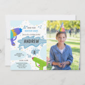 ブルーグリーンウォーターガン誕生日招待状w写真 招待状 (正面)