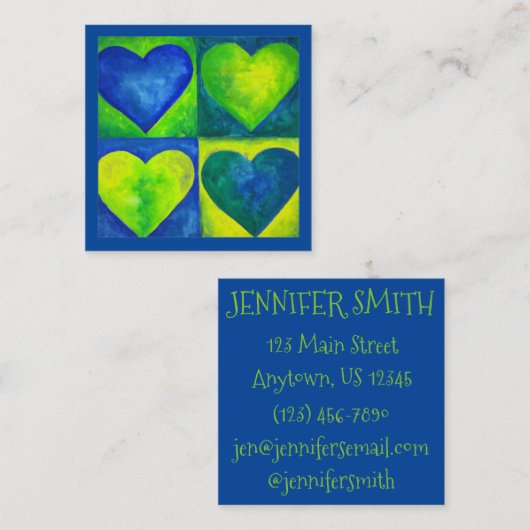 ブルーグリーンウォーター絵を描カラーハートアートラブ スクエア名刺 (正面/裏面)