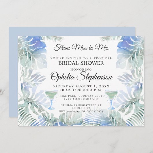 ブルーグリーンウォーター色の葉ブライダルシャワー 招待状 (正面/裏面)