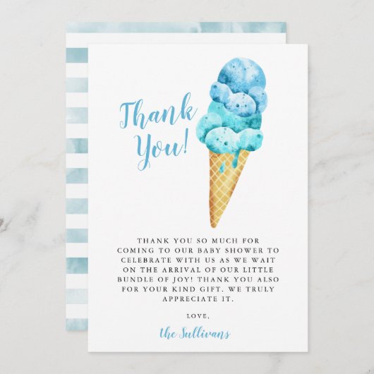 ブルーグリーンウォーター色アイスクリームベビーシャワー サンキューカード (正面/裏面)