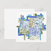 ブルーグリーンウォーター色ブロックプリントノテカード展開 サンキューカード (正面/裏面)