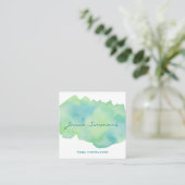 ブルーグリーンウォーター色洗四角ビジネスカード スクエア名刺 (スタンド正面)