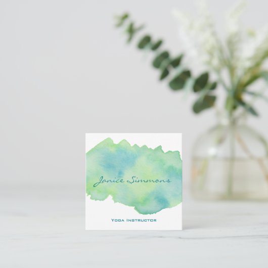 ブルーグリーンウォーター色洗四角ビジネスカード スクエア名刺 (スタンド正面)