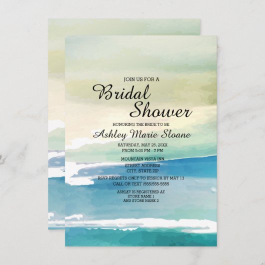 ブルーグリーンウォーター色海波ブライダルシャワー 招待状 (正面/裏面)