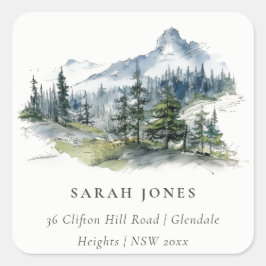 ブルーグリーンウッズマウンテンランドスケープスケッチアドレス スクエアシール