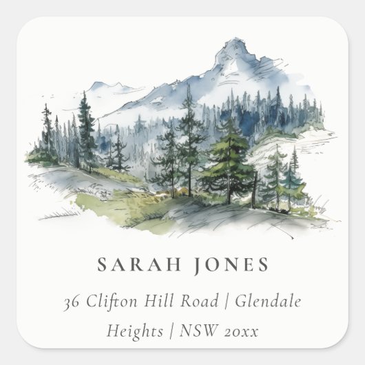 ブルーグリーンウッズマウンテンランドスケープスケッチアドレス スクエアシール (正面)