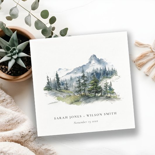 ブルーグリーンウッズマウンテンランドスケープスケッチ結婚ズ スタンダードカクテルナプキン