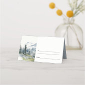 ブルーグリーンウッズマウンテンランドスケープスケッチ結婚ズ プレイスカード (裏面)