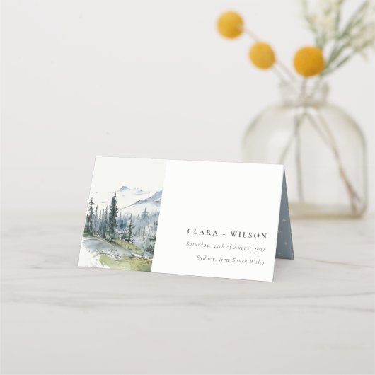 ブルーグリーンウッズマウンテンランドスケープスケッチ結婚ズ プレイスカード (正面)