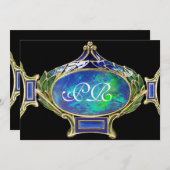 ブルーグリーンオパール、アールヌーヴォーゴールドジュエルモノグラム 招待状 (正面/裏面)