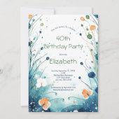 ブルーグリーンオレンジの花柄水彩40歳の誕生日 招待状 (正面)