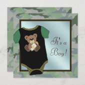 ブルーグリーンカモフラージュ男の赤ちゃんシャワー招待状 招待状 (正面/裏面)