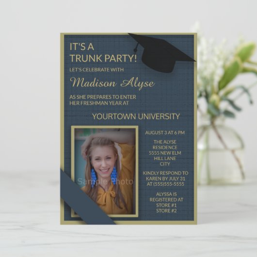 ブルーグリーンカレッジドミナートシャワートランクパーティー写真 招待状 (スタンド正面)