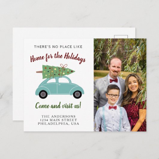 ブルーグリーンカークリスマスツリー写真ホリデームービング 案内ポストカード (正面/裏面)