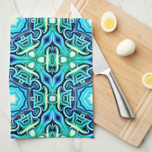 ブルーグリーンキッチンパターン(の模様が)あるタオル キッチンタオル (四つ折り)