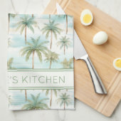 ブルーグリーンクリームトロピカルパームパーソナライズされたツリー キッチンタオル (四つ折り)