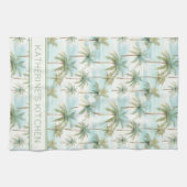 ブルーグリーンクリームトロピカルパームパーソナライズされたツリー キッチンタオル (横)