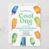 ブルーグリーンクールワンポプシクル1st誕生日パーティー 招待状 (正面)