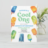 ブルーグリーンクールワンポプシクル1st誕生日パーティー 招待状 (スタンド正面)