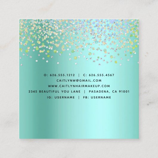 ブルーグリーングラデーション美容師メイクアップアーティストモダン スクエア名刺 (裏面)