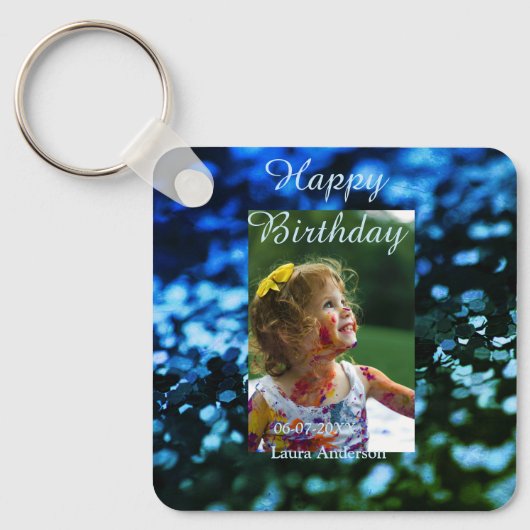 ブルーグリーングリッターフォト子供の誕生日モダン錆 キーホルダー (正面)