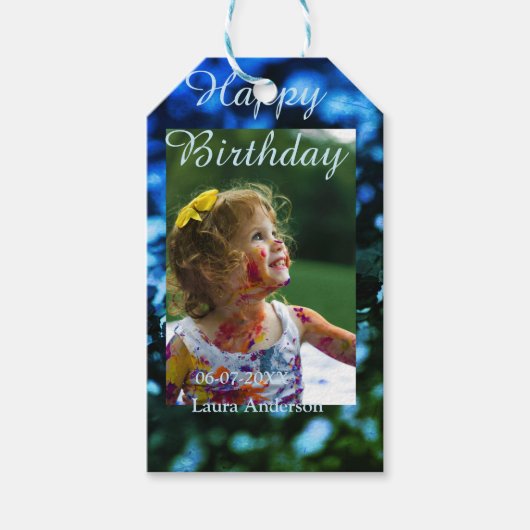 ブルーグリーングリッターフォト子供の誕生日モダン錆 ギフトタグ (正面)