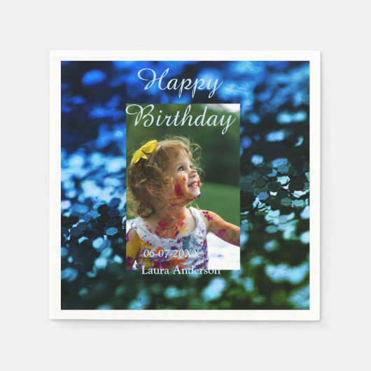 ブルーグリーングリッターフォト子供の誕生日モダン錆 スタンダードカクテルナプキン (正面)