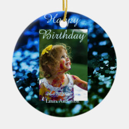 ブルーグリーングリッターフォト子供の誕生日モダン錆 セラミックオーナメント