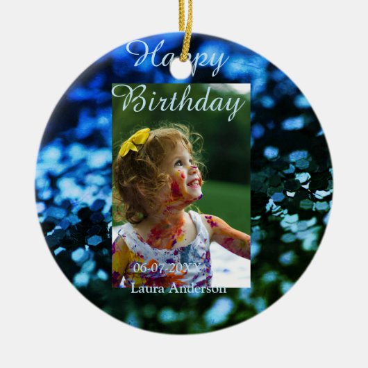 ブルーグリーングリッターフォト子供の誕生日モダン錆 セラミックオーナメント (正面)
