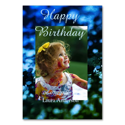 ブルーグリーングリッターフォト子供の誕生日モダン錆 テーブルナンバー (正面)